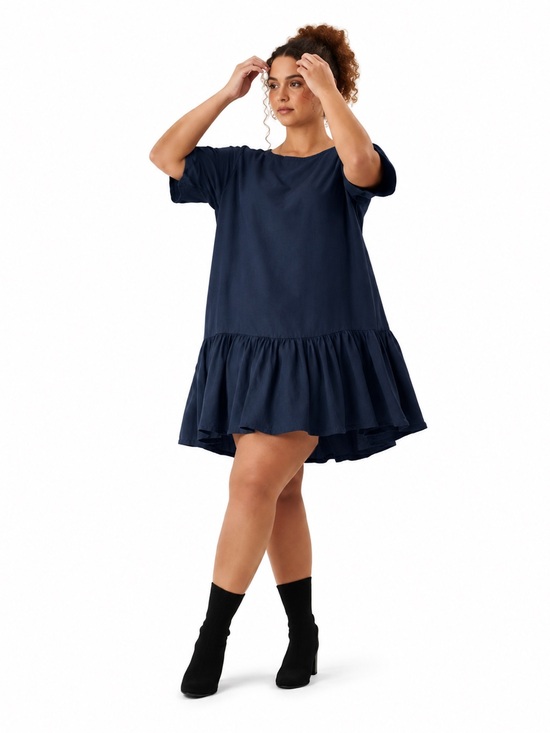 Emma Knudsen Dresses & Skirts - Emma Knudsen Lauren Dress Navy Linen Blend Ruffle Hem Oversized XXS (XS-Sm)